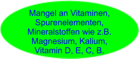 Mangel an Vitaminen, Spurenelementen, Mineralstoffen wie z.B. Magnesium, Kalium, Vitamin D, E, C, B.